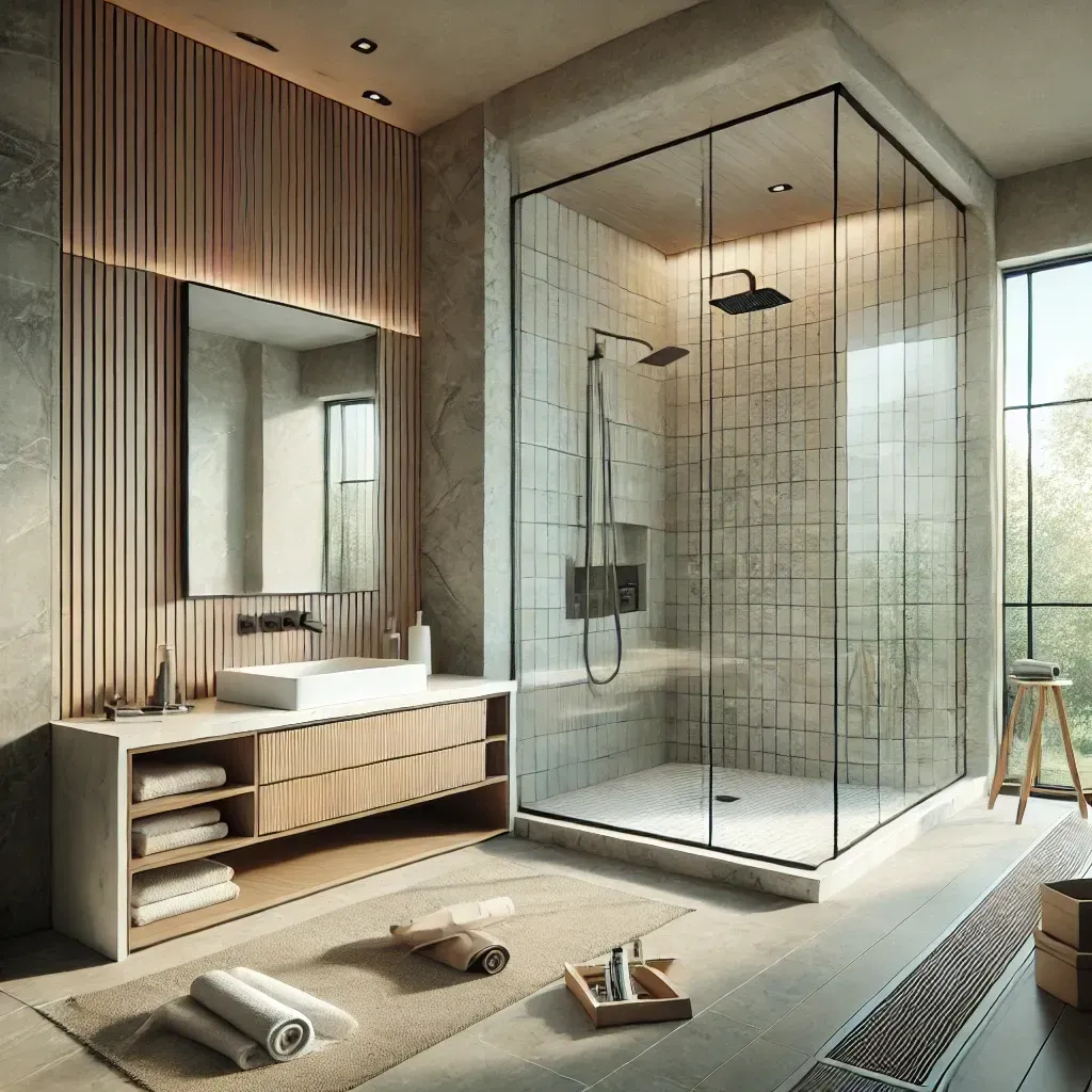 A modern, luxury bathroom in an Atlanta home undergoing remodeling, featuring a spacious walk-in shower with frameless glass doors, a floating vanity with a vessel sink, marble countertops, and large format tiles. Natural light streams through a large window, highlighting the clean, modern design.
