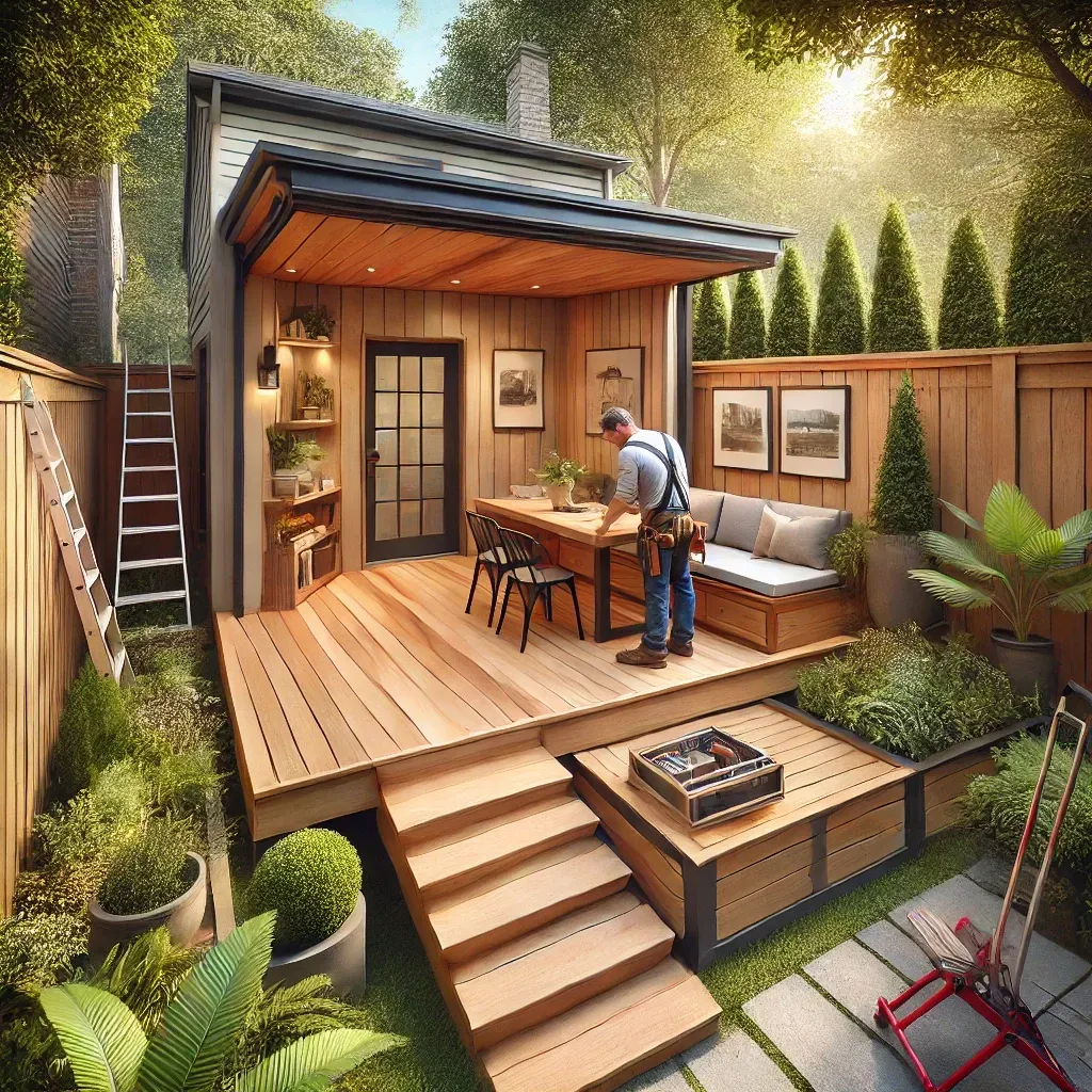 A professional deck builder finishing the installation of a small, cozy composite deck in a compact Atlanta backyard, featuring built-in seating with storage and surrounded by lush greenery in the late afternoon light.