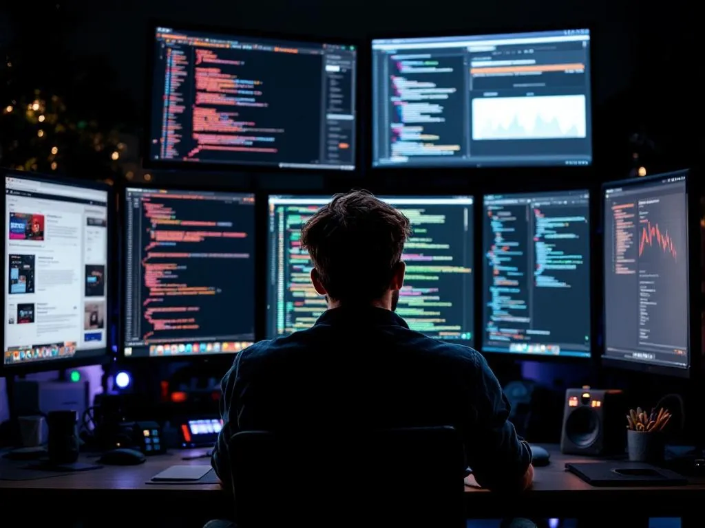 Photo Idea: A website designer sitting at his workspace surrounded by multiple screens displaying various web designs. His screen is filled with coding language and he is deeply focused on his work.Alt text: A dedicated website designer engrossed in perfecting a website design with multiple screens displaying various web interfaces and coding language.
