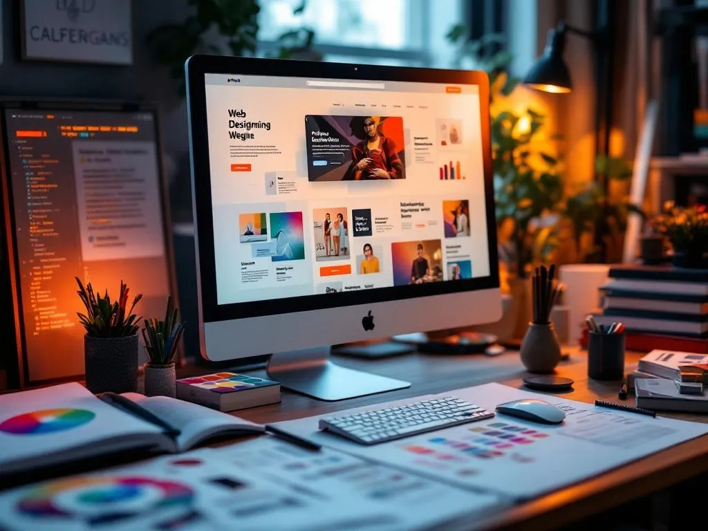 Photo idea: A creative workspace with a computer screen displaying a sophisticated website layout, surrounded by design sketches, color swatches and coding books. Alt text: A web designer's workspace with a complex website design on the screen, surrounded by design sketches, color swatches and coding resources, reflecting the artistry involved in the process of website creation.