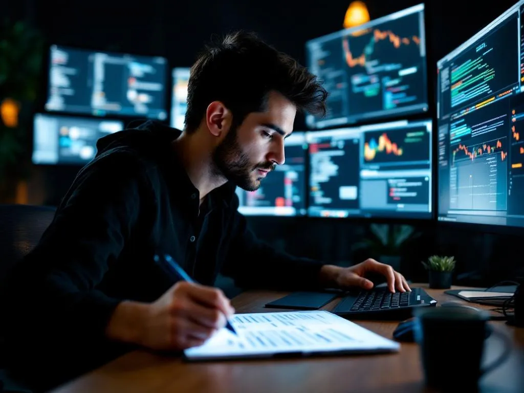 Photo Idea: A website designer deeply engrossed in work, surrounded by multiple screens showing different aspects of website design, such as coding, graphic design, and user interface. A digital pen might be in his hand, with a sketch pad on the table showing website wireframe.Alt Text: Focused website designer working on multiple screens, showcasing coding, graphic design, and user interface, with a sketch pad containing website wireframe on the table.