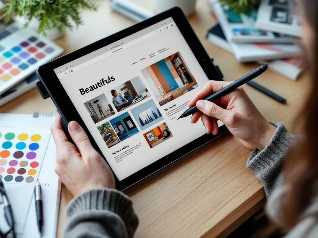 Photo idea: A website designer working on a digital tablet with a stylus pen, showing a beautifully designed website on the screen. A few design tools like color palettes and graphic design books can be seen on the side.Alt text: A focused website designer crafting a visually pleasing website layout on a digital tablet, surrounded by essential design tools.