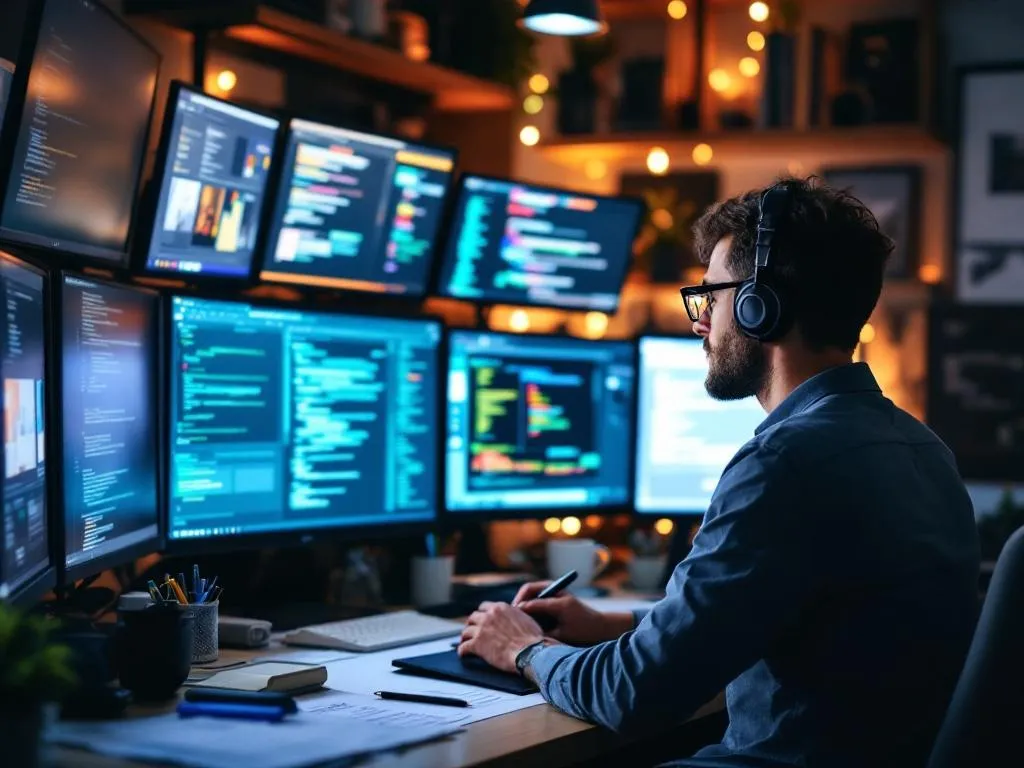 Photo Idea: A picture of a website designer at his workspace, surrounded by multiple computer screens displaying a variety of website designs and coding languages. He could be holding a digital pen, working on a graphic tablet, while his notes or sketches are also visible in the frame.Alt Text: A focused website designer working on various digital designs on multiple screens, using a graphic tablet and digital pen, with sketches and notes scattered around his workspace.