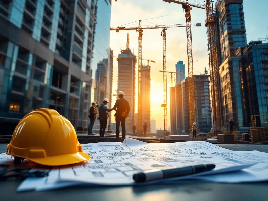 Photo Idea: A photo of a modern, high-rise building under construction with cranes and construction workers actively working, with blueprints and helmet in the foreground.Alt text: Construction workers busy building a modern skyscraper, with blueprints and safety helmet in the foreground, representing top-notch construction services.