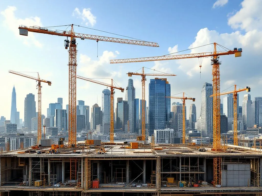 Photo Idea: A wide-angle shot of a busy construction site with multiple cranes at work against a cityscape backdrop. The photo can capture the transition from the skeletal structure of a building in the foreground, progressing to nearly completed modern buildings in the background, symbolizing the evolution of construction services.Alt Text: A bustling construction site with cranes and workers building a modern structure, with a cityscape of finished buildings in the background.