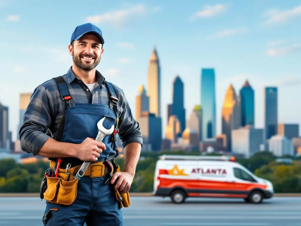 Photo Idea: A panoramic shot of Atlanta's skyline with a plumber in the foreground, wearing a tool belt, holding a wrench, and standing next to a plumbing van. Alt Text: A professional plumber with his tool kit and van stands ready for work in front of Atlanta's skyline.