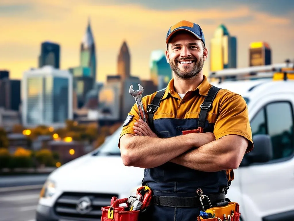 Photo Idea: A professional plumber in uniform holding a wrench, standing in front of his well-equipped van, with the Atlanta skyline in the background. Alt Text: A skilled plumber ready for service, with a toolbox and a van, against the backdrop of Atlanta city.