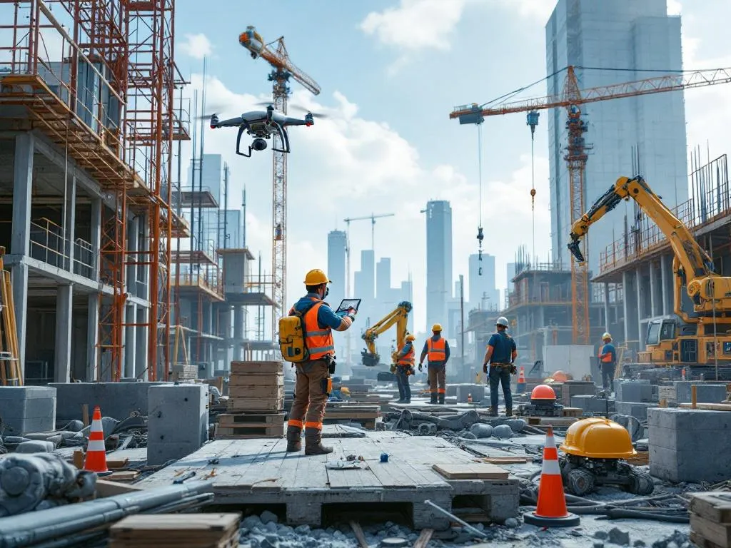Photo Idea: An image of a construction site where modern equipment and technologies such as drones, 3D printers, robotic arms, and augmented reality devices are being utilized by construction workers. Alt text: Construction workers using innovative technologies including drones, 3D printers, robotic arms, and augmented reality devices on a construction site.