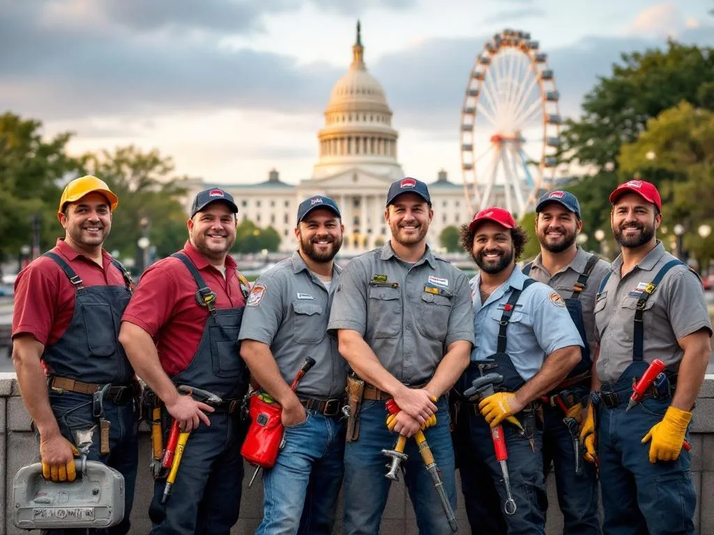 Photo Idea: A group photo of Atlanta's top plumbers, donned in their work gear, with various plumbing tools in their hands. They should be posed in front of a recognizable Atlanta landmark, like the Georgia State Capitol or the SkyView Atlanta Ferris Wheel, to emphasize their local status. Alt text: A group of Atlanta's leading plumbers, dressed in work attire and holding various plumbing tools, standing in front of an iconic Atlanta landmark.
