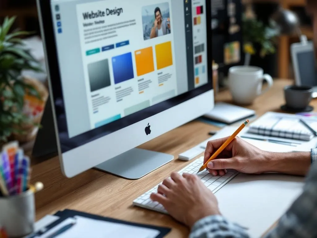 Photo Idea: A close-up of a designer's hands working on a website layout on a computer screen, with various design elements around like color swatches, pencil, notepad, and a coffee cup.Alt Text: A web designer meticulously working on a website design on a computer, surrounded by design tools and elements, signifying the process of mastering website design for successful online presence.