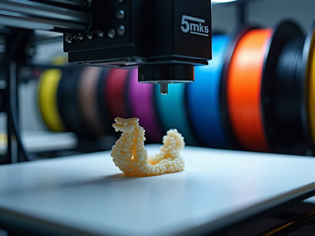 Photo Idea: A close-up shot of a 3D printer in action, creating a unique object (like a small sculpture or intricate jewelry piece), with spools of colorful printing material in the background.Alt Text: A 3D printer crafting a complex design from multicolored materials, illustrating the potential for affordable customization.