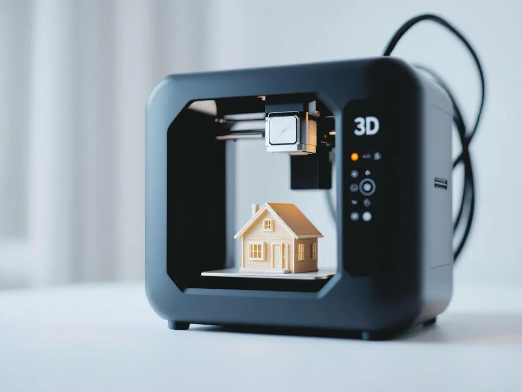 Photo idea:A close-up shot of a 3D printer in action, creating a unique object such as a miniature model of a house. The 3D printer should be sleek and modern-looking, emphasizing its advanced technology. The object being printed should be halfway through its creation, showing the intricate process of layer-by-layer construction. The background should be clean and minimalistic to put all the focus on the 3D printer and the object.Alt text: A cutting-edge 3D printer creating a detailed, custom miniature model house, demonstrating the revolutionary and affordable customization possibilities of 3D printing services.