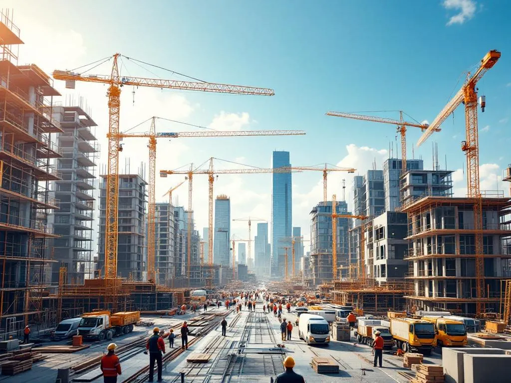 Photo idea: A panoramic shot of a large, modern construction site bustling with activity. Include various elements such as cranes, scaffolding, workers in hard hats, and partially constructed buildings. The scene should be vibrant, denoting progress and innovation in the construction industry.Alt text: An expansive, busy construction site with towering cranes, workers in safety gear, and modern, partially constructed buildings under a clear sky, representing the future of construction services.