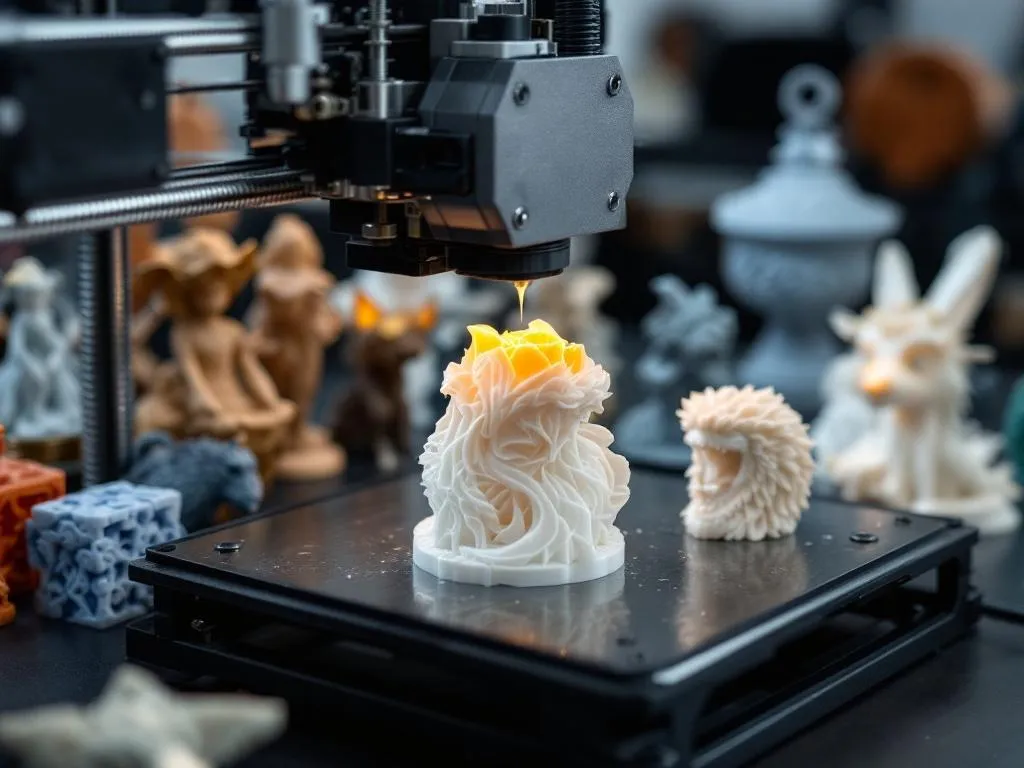 Photo Idea: A close-up shot of a 3D printer in action creating a unique, intricate object (like a sculpture or a piece of jewelry). Various 3D printed items showcasing their detailed designs should also be visible in the background.Alt Text: A 3D printer fabricating a custom-designed object, with an assortment of other unique 3D printed items displayed in the background.