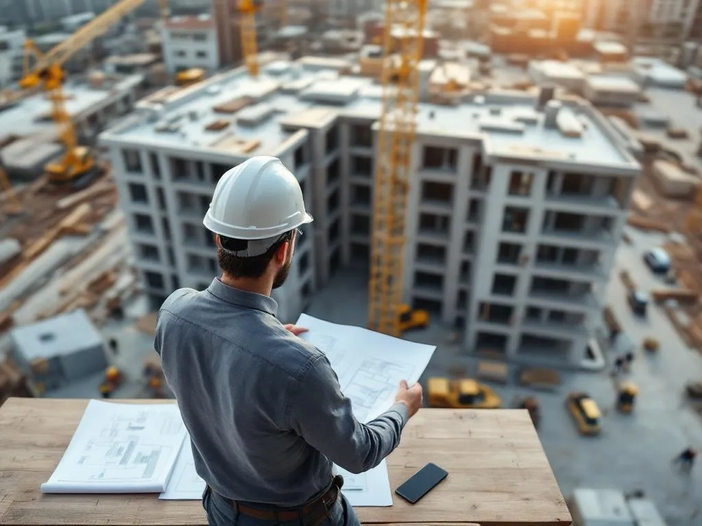 Photo idea: A high-angle shot of a construction site where a modern building is being built. In the foreground, an architect in a safety helmet is studying blueprints lying on a table. Construction machinery and workers can be seen in the background. The photo should highlight the organized and efficient nature of the construction process, with a focus on innovation and success.Alt text: An architect at a construction site studying blueprints for a modern building, illustrating the innovative and successful methods used in contemporary construction services.