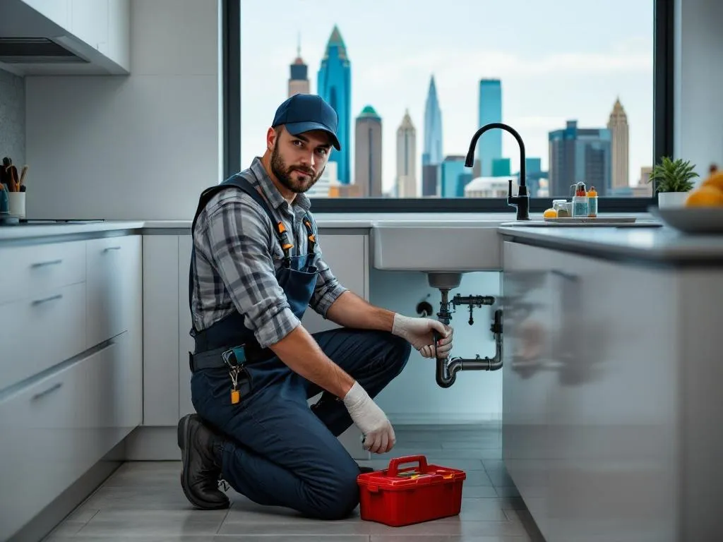 Photo Idea: A professional plumber in a uniform, kneeling down with a toolbox, working under a sink in a modern kitchen. The plumber could be identifiable as being from Atlanta through some recognizable Atlanta landmark visible through a window in the background.Alt text: An Atlanta plumber, equipped with a toolbox, working under a kitchen sink, with a view of a notable Atlanta landmark in the background.