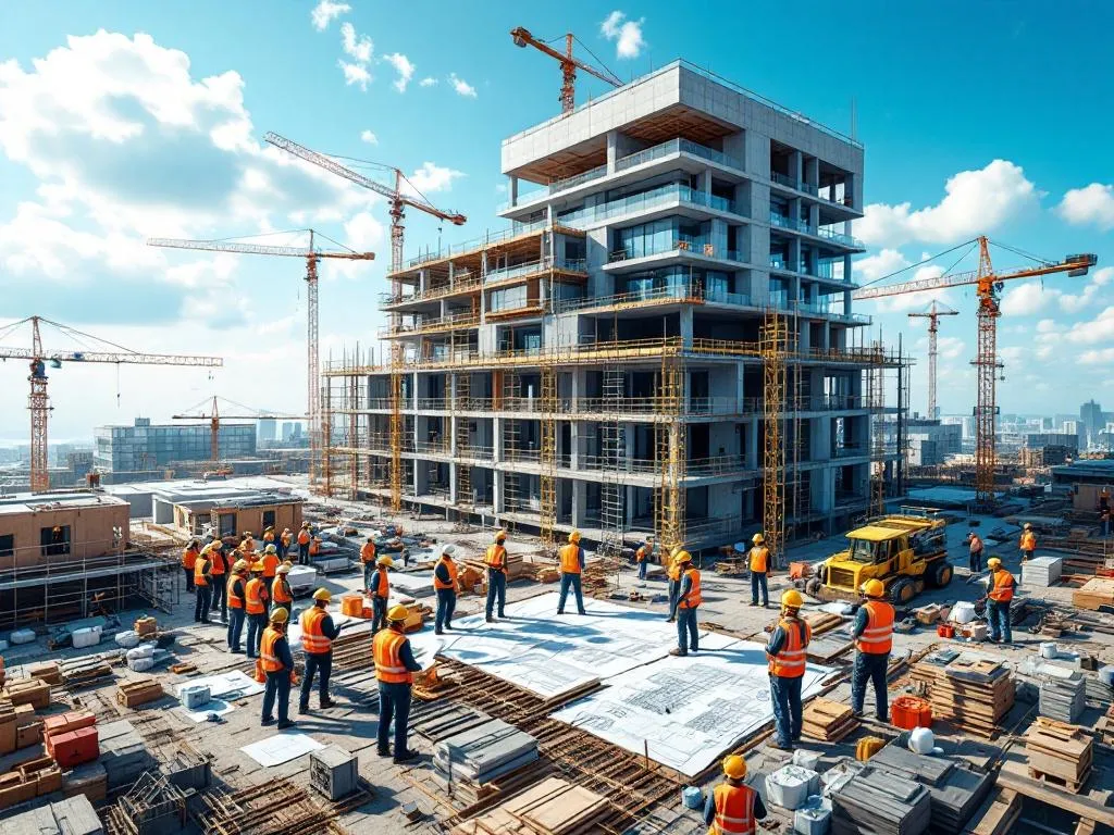 Photo idea: A dynamic, high-angle shot of a modern construction site, with a diverse team of construction workers in hard hats and safety vests, busy at work. The site should be bustling with activities like blueprint reading, scaffolding, and machinery operation, showcasing the intricacy of modern construction services. The background should feature a partially completed modern building structure, cranes, and blue skies.Alt text: Construction workers in safety gear busy at a modern construction site, with a partially built structure in the background, illustrating the intricacies of modern construction services.