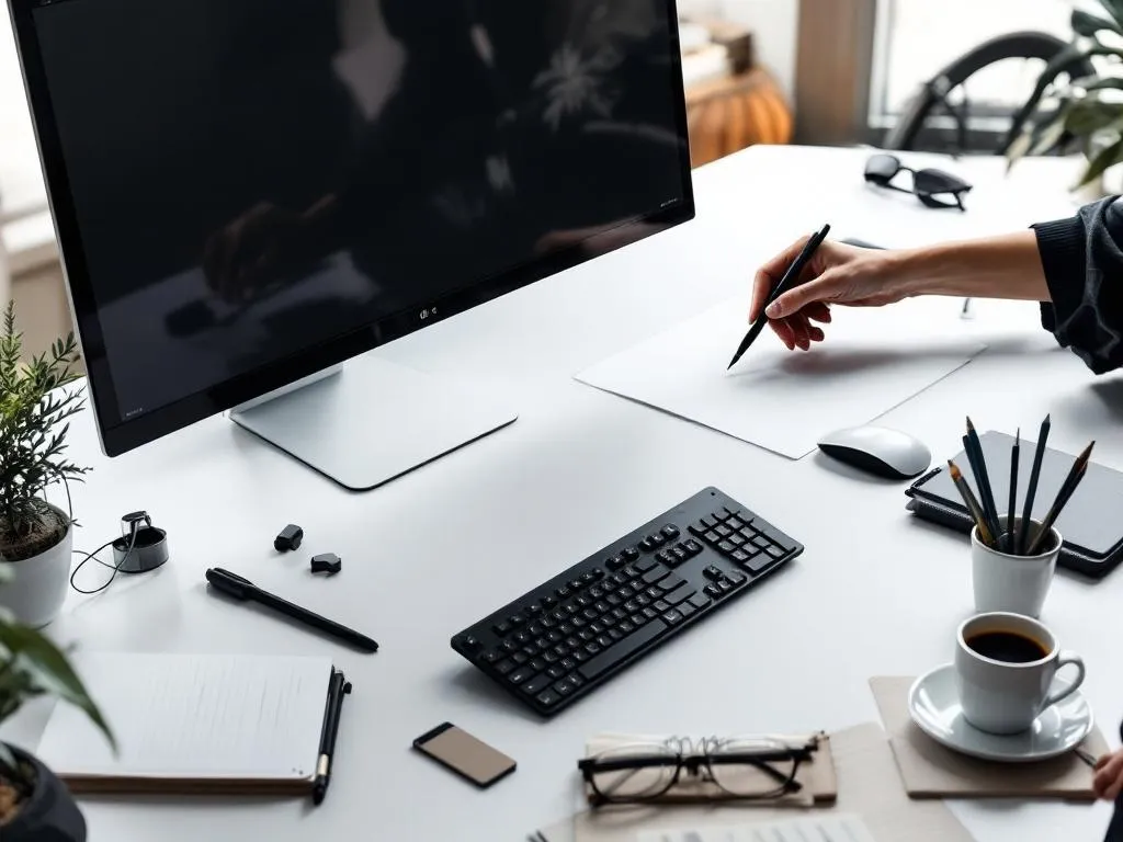 Photo Idea: A well-lit, minimalistic and modern workspace with a designer's hand delicately placing elements on a digital canvas on a high-end computer screen. The designer's table should have a sketchpad, a stylus pen, a mouse, and a cup of coffee. The screen should clearly depict a wireframe of a website design in progress without any text.Alt text: Website designer's modern workspace featuring a hand interacting with a website design on a digital canvas on the computer screen, with a sketchpad, stylus pen, and a cup of coffee placed neatly on the table.