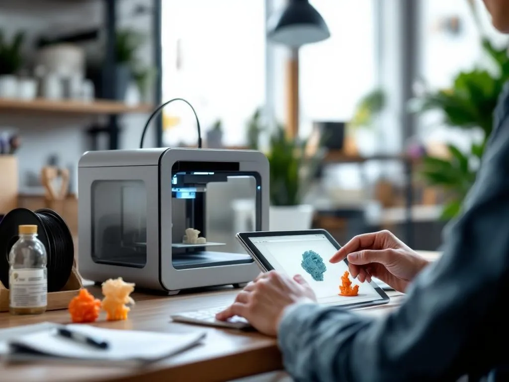 Photo Idea: A well-lit, organized workspace with a sleek, modern 3D printer in the process of creating a small, intricately designed object. Various materials used for 3D printing, like filaments, should be subtly displayed in the background. The person's hand tweaking the design on a computer screen or a tablet should also be captured, emphasizing the customized aspect of 3D printing services.Alt Text: A person customizing a 3D design on a computer, with a 3D printer in the process of creating an intricate object in the background, showcasing affordable and customized 3D printing solutions.
