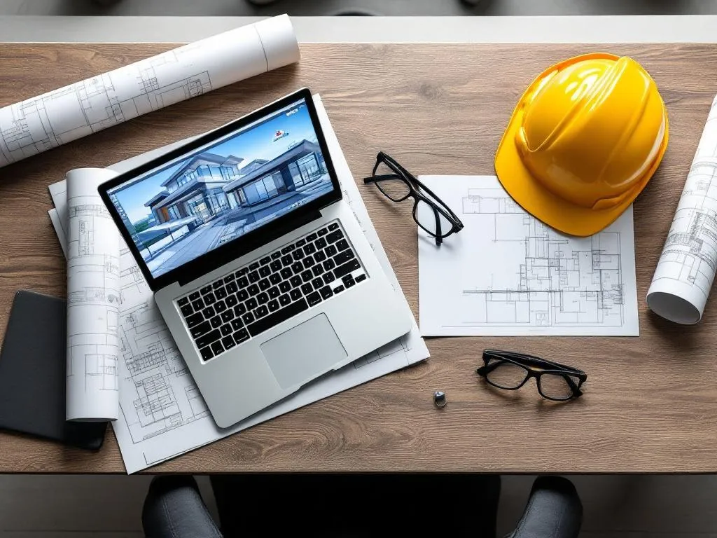 Photo Idea: An overhead shot of a desk with an open laptop displaying a 3D architectural software, blueprints rolled out next to it, a hard hat, and a pair of glasses. Everything is neatly arranged on the desk, showcasing the blend of traditional and modern tools in construction services.Alt Text: An orderly desk setup with laptop running 3D architectural software, rolled out blueprints, a hard hat, and glasses, symbolizing the combination of traditional and modern construction planning tools.