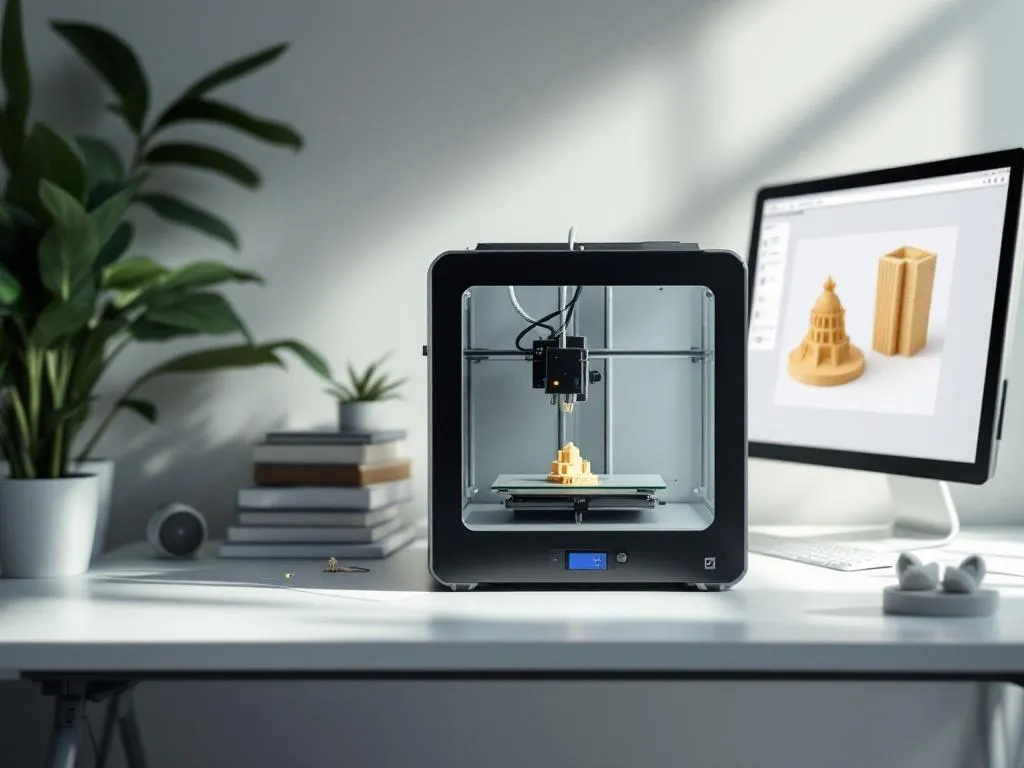 Photo idea: A clean, well-lit, minimalist workspace with a 3D printer in the middle of the process of creating an object. The printer could be producing a small, intricate item to showcase its precision - perhaps a customized piece of jewelry or a small model of a building. Next to the printer, there should be a computer monitor displaying 3D model design software, indicating the customization aspect. On the other side, a few printed objects can be arranged, showing the variety of items that can be made.Alt Text: A 3D printer in a bright workspace, mid-process in creating a custom object, with a computer showcasing the 3D design software and a variety of printed objects nearby, representing affordable and personalized 3D printing solutions.