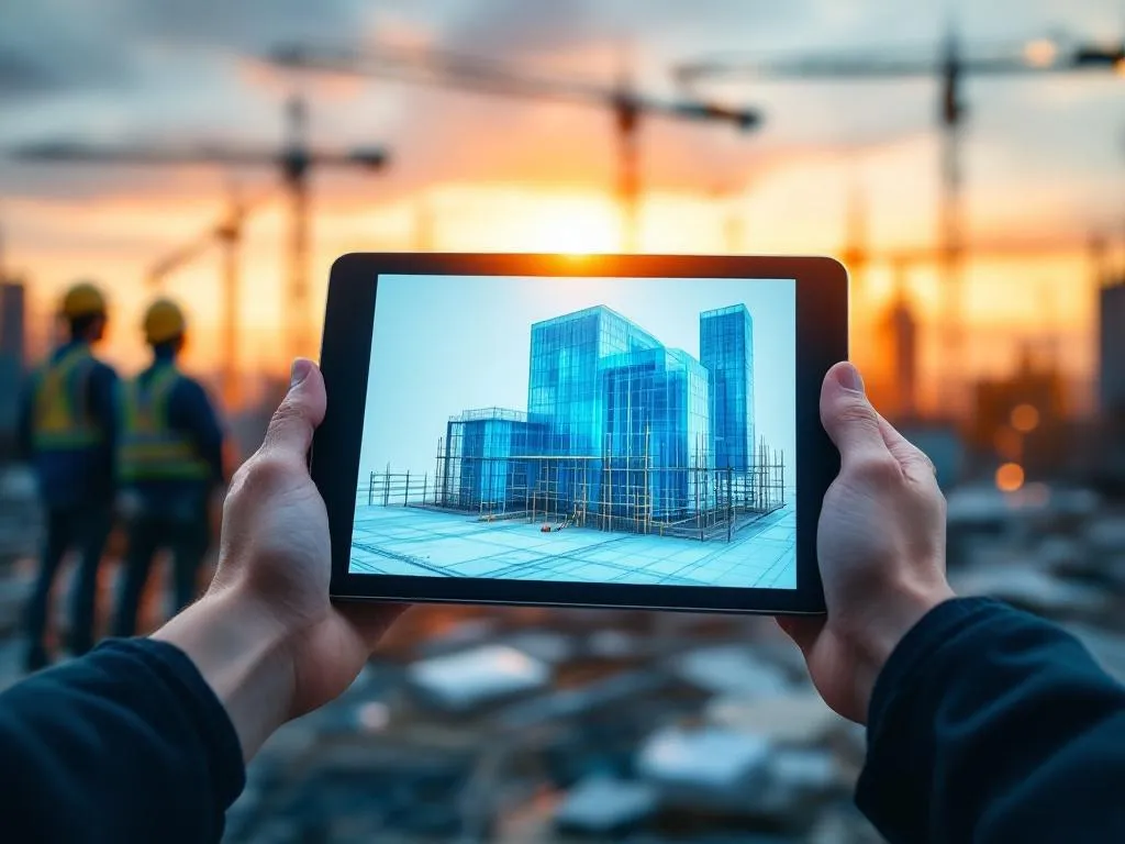 Photo Idea: A close-up shot of a pair of hands holding a digital tablet displaying a 3D blueprint of a building. In the background, blurred yet discernible, is a construction site with cranes, scaffolding, and workers in hard hats. The setting sun in the background symbolizes the end of an old day and the welcoming of a new one, corresponding to the evolution in construction services. Alt Text: "Hands holding a digital tablet with 3D blueprint at a construction site, representing the innovative evolution in construction services."