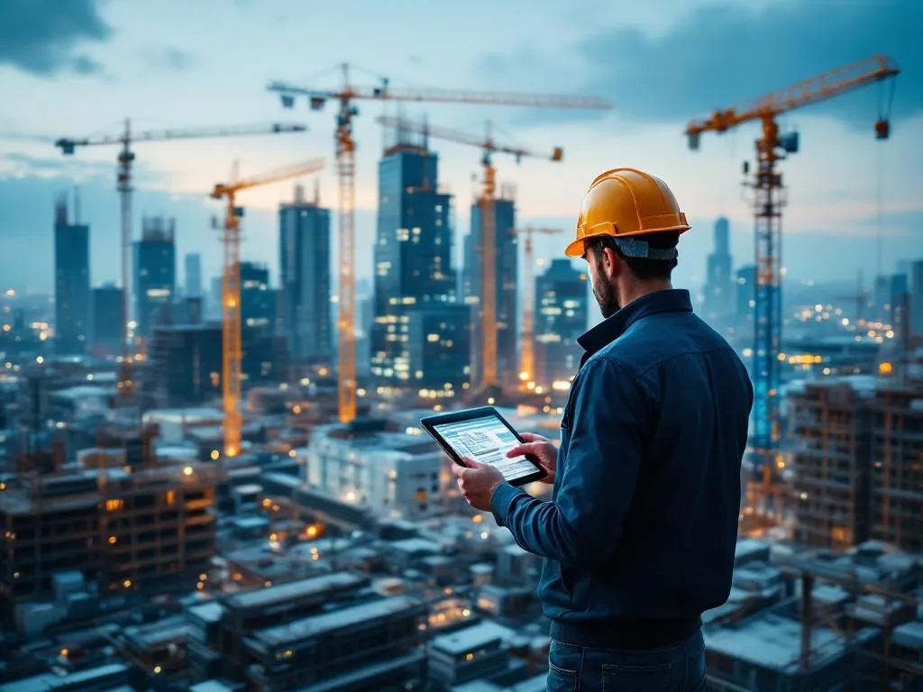 Photo idea: A wide-angle shot of a high-tech construction site with cranes, workers in hard hats, and structures in mid-construction. On the foreground, an architect or site manager could be seen using a tablet, implying modern technology in construction services.Alt text: An architect using advanced technology at a bustling construction site.