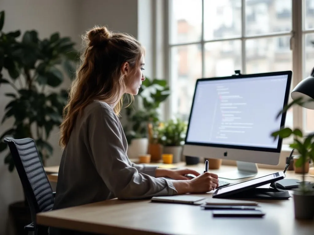 Photo Idea: A female website designer sitting at her desk filled with a minimalistic set up. She has a large screen desktop computer open to a coding program, a digital drawing tablet with a stylus pen, and a notebook and pen for sketching ideas. The room has a large window with natural light illuminating her workspace.Alt Text: A focused website designer at her minimalistic workspace, coding on her desktop computer and brainstorming website design ideas.