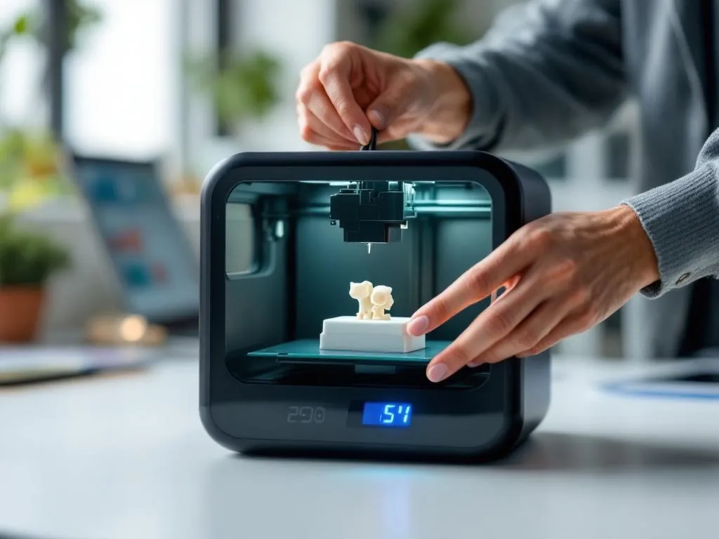 Photo idea: A person's hands are carefully removing a freshly printed 3D object from a compact, sleek 3D printer. The 3D object can be something common and recognizable, like a small figurine or a basic household item. The setting is a well-lit, neat workspace. Alt text: A person removing a freshly 3D printed object from an affordable home 3D printer in a clean workspace, illustrating custom and budget-friendly 3D printing services.