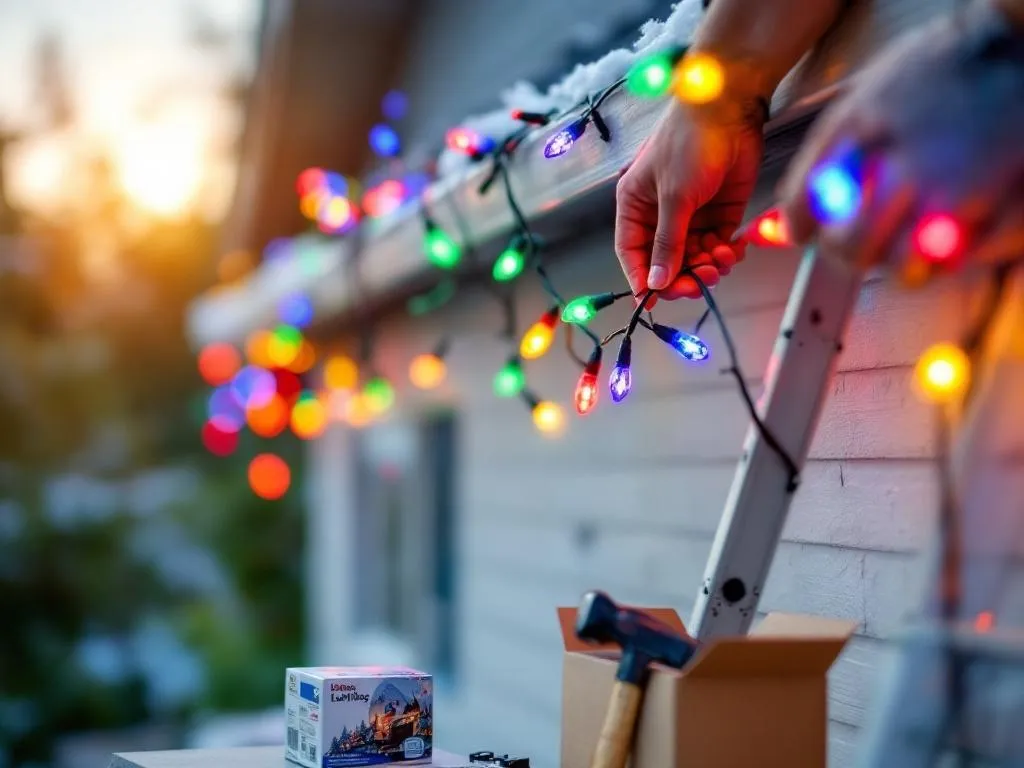 Photo idea: A close-up shot of a pair of hands meticulously stringing colorful Christmas lights along the edge of a house's roof. A ladder, a box of Christmas lights, and a few basic tools such as a hammer and clips can be seen in the foreground, indicating the process of installation.Alt text: A person installing Christmas lights on a house's roof, with a ladder and installation tools in the foreground.