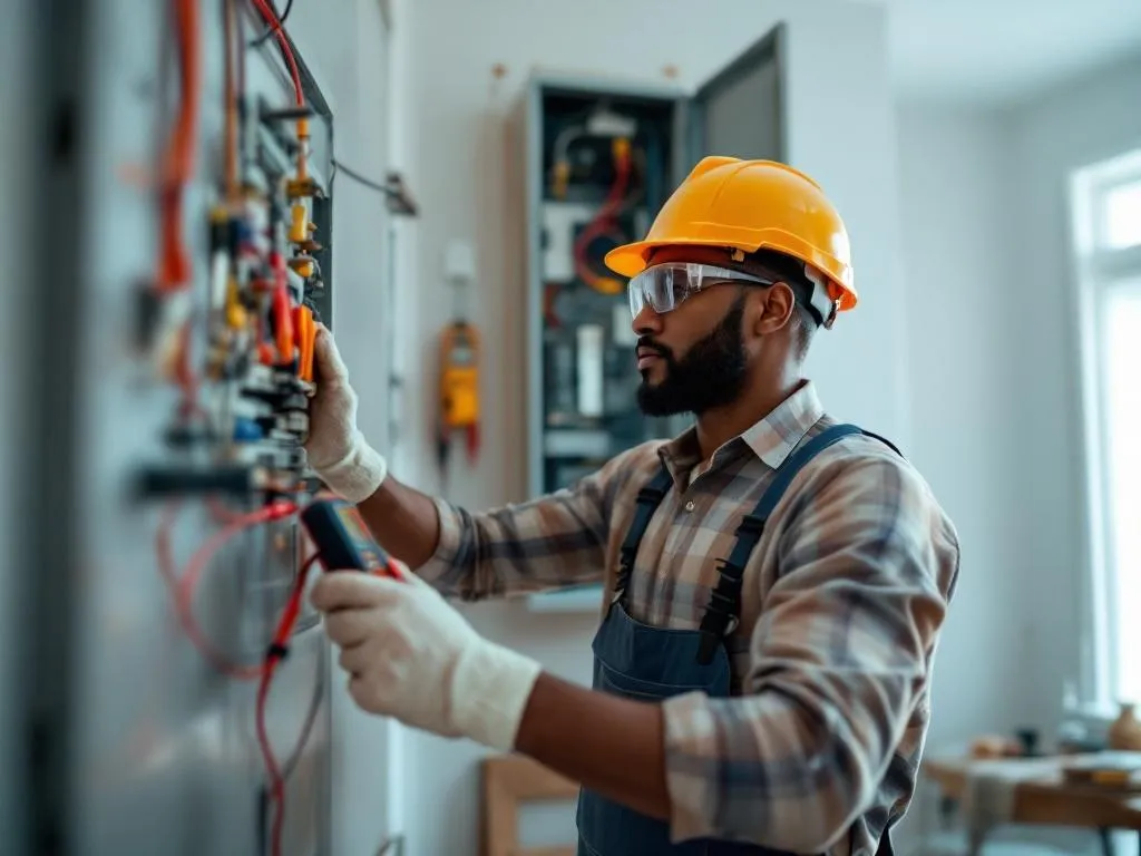 Photo idea: A highly skilled electrician, of African-American descent, wearing safety equipment (helmet, gloves, and safety glasses) while working on a residential electrical panel in a home located in Macon, GA. The electrician is using a multimeter to test the voltage. The room is well-lit and neat, with a few essential electrical tools neatly arranged on a nearby table. Alt text: "Skilled African-American electrician testing voltage in a residential electrical panel in Macon, GA".