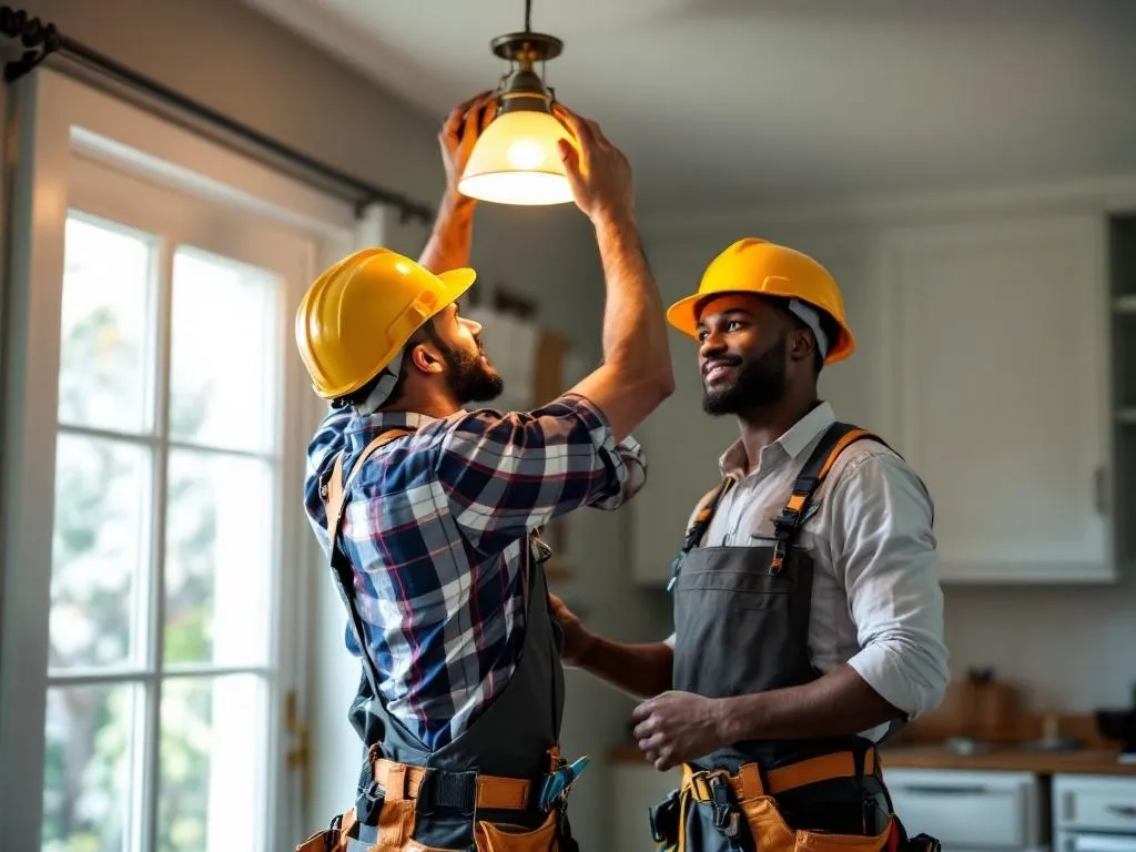 Photo Idea: A professionally shot image of two electricians, one Caucasian and one African American, in the middle of a job. They are both wearing their uniform, utility belts and safety helmets. The electricians are working in a typical Atlanta home, perhaps in a well-lit kitchen fixing a light fixture. Alt Text: "A diverse team of professional electricians providing their service in an Atlanta home."