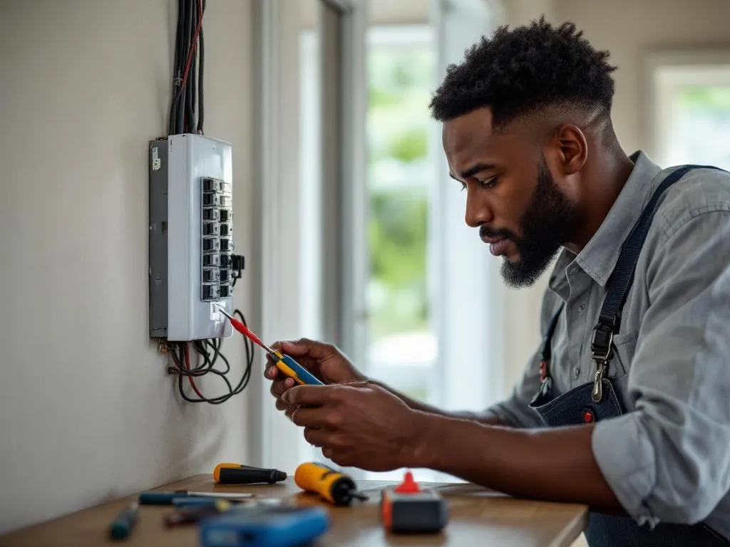 Photo idea: A professional electrician, preferably of mixed race or African American, focused on working in a residential setting in Macon, GA. He could be seen examining a circuit breaker or wiring, with few essential tools like a screwdriver, wire cutter, and a multimeter laid out on a table nearby. The background could subtly indicate a typical home in Macon, GA, maybe with a window showing some greenery outside.Alt text: "A competent and focused diverse electrician working in a residential setting in Macon, GA, with essential tools laid out nearby."