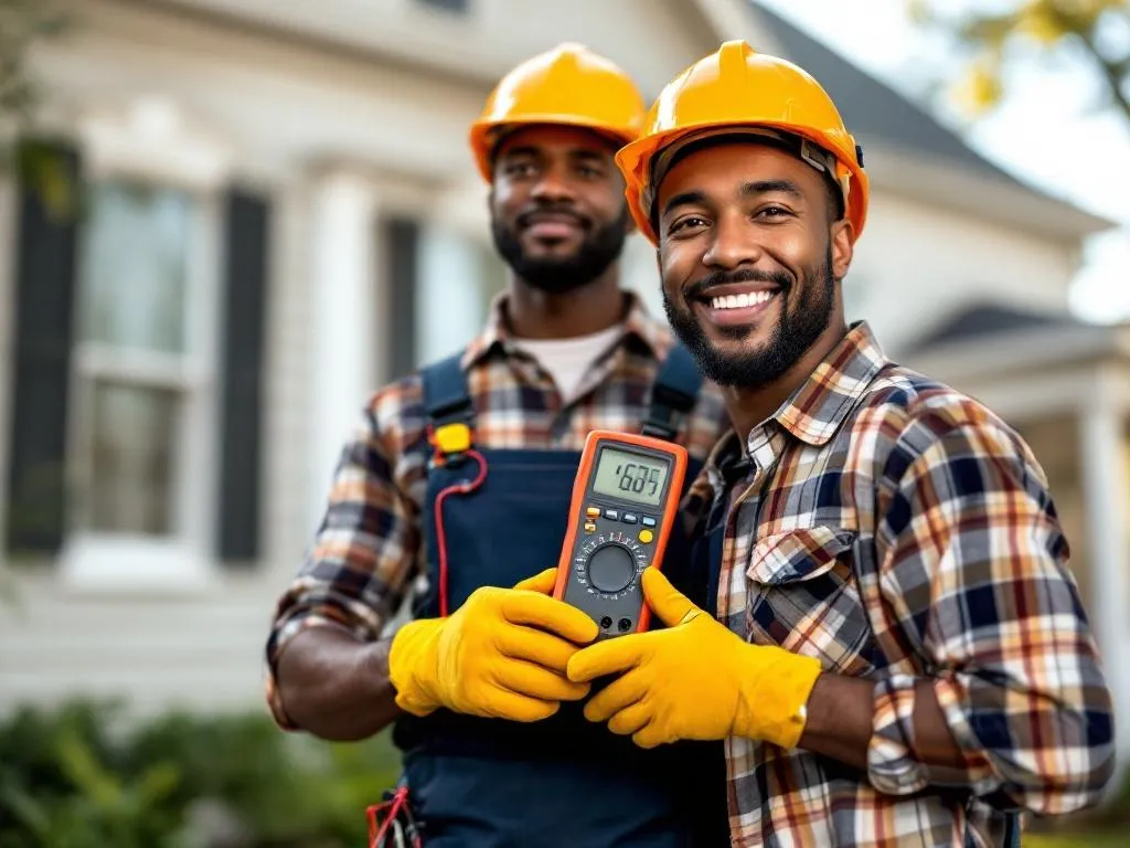 Photo Idea: A professional, diverse electrician wearing safety gear, like a helmet and gloves, holding a multimeter in hand, standing in front of a residential house in Macon, GA. The house should be a typical Georgian home to make it recognizable. The electrician could be either African American or Asian to reflect diversity.Alt Text: A diverse professional electrician equipped with safety gear and a multimeter, standing in front of a residential house in Macon, GA, ready to provide expert electrical service.