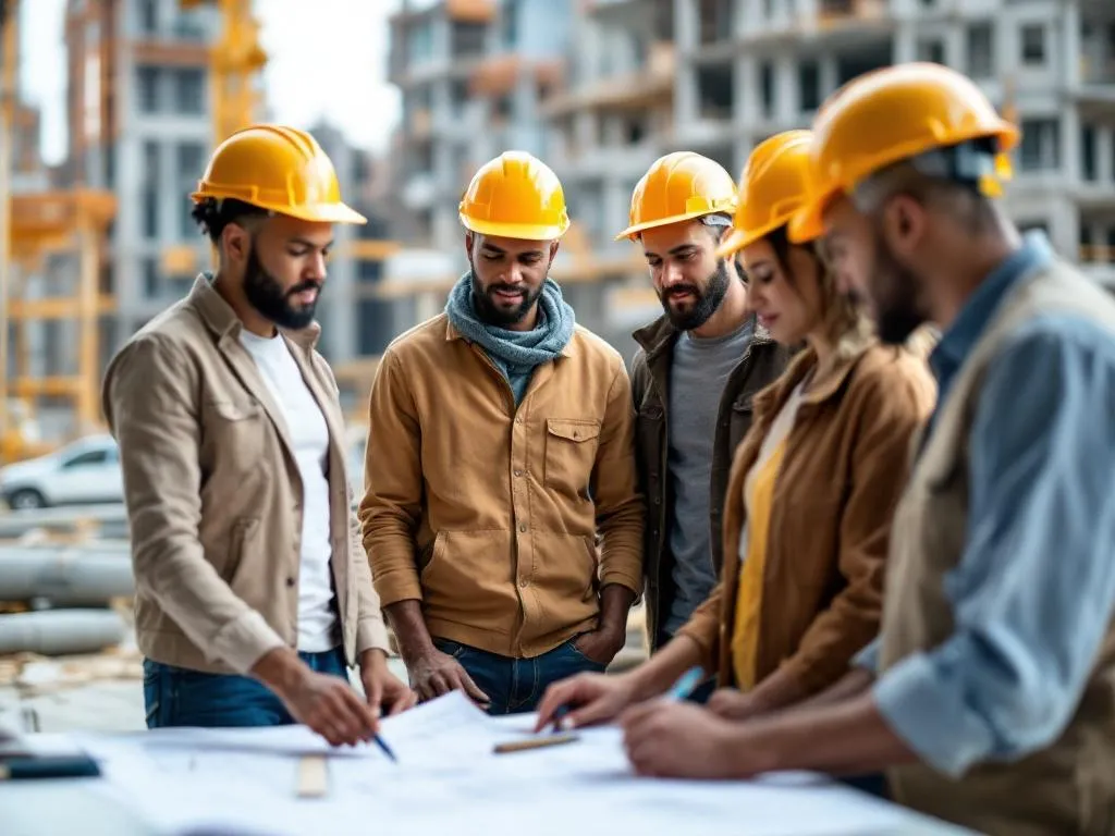 Photo idea: A picture of a multicultural group of construction workers, both male and female, standing around a table with a blueprint spread out on it. Their hard hats are off, indicating a thoughtful discussion during a break. The blueprint, a few pens, and a single ruler are the only objects on the table. A construction site can be seen in the background, but it's slightly out of focus to keep the attention on the workers and the blueprint.Alt text: A diverse team of construction workers discussing a blueprint on a table, with a blurred construction site in the background.