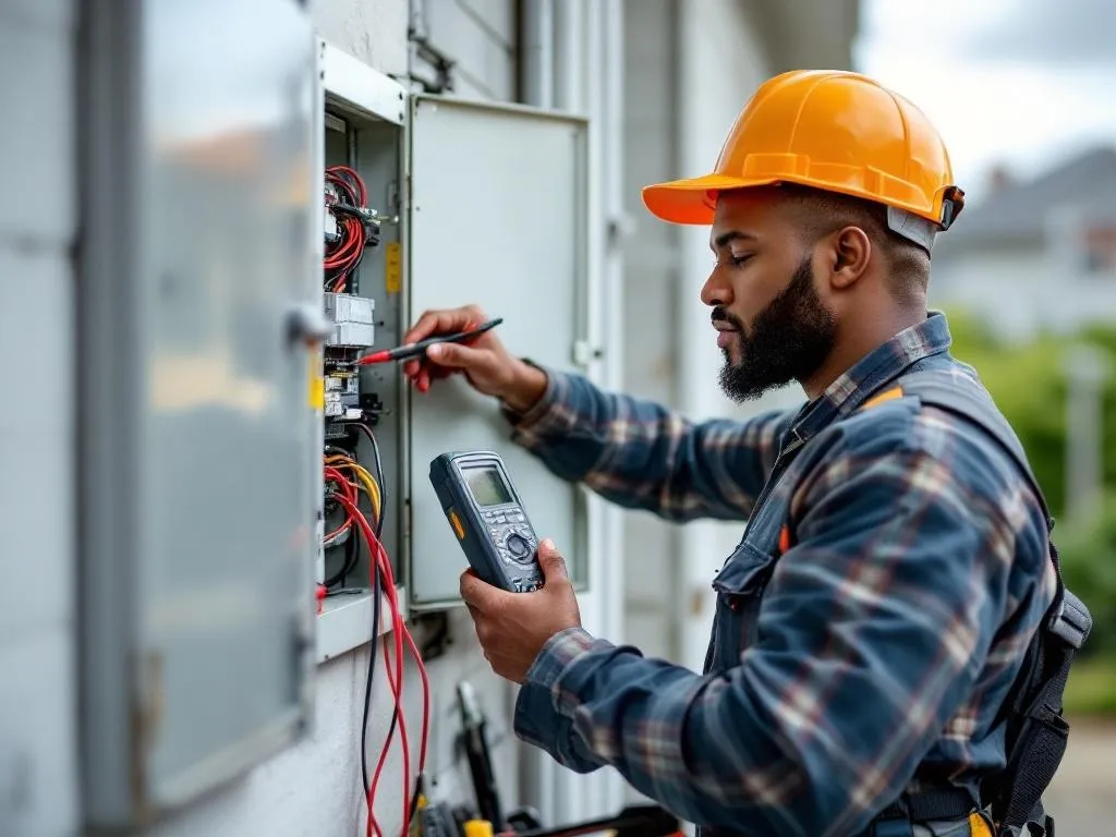 Photo idea: A diverse electrician in a professional uniform is seen working on a residential electrical panel in a neat and organized manner. He's using a multimeter to measure the voltage, and his toolbox is set nearby with essential tools visible. The location is Macon, GA, and can be suggested through a subtly identifiable background feature like a street sign or a home style typical to the area.Alt text: A professional, diverse electrician servicing a residential electrical panel in Macon, GA.