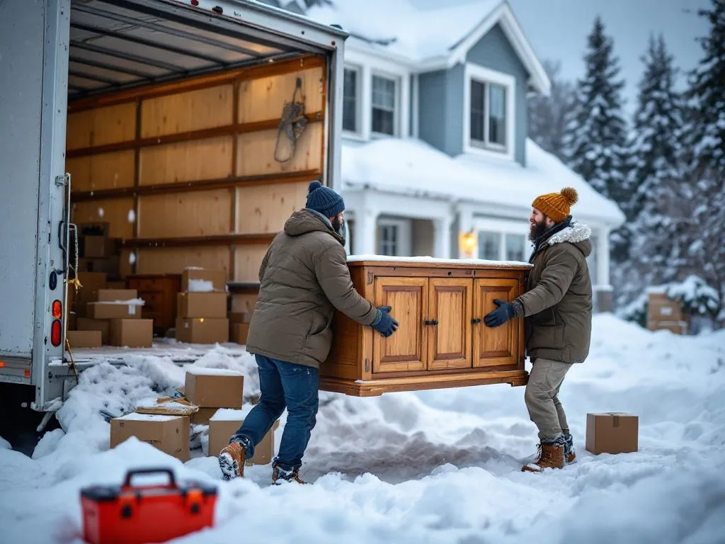 Photo idea: A person of color and a Caucasian person, both dressed in warm clothing, are carefully carrying a large piece of wooden furniture (like a table or a dresser) out of a moving truck and into a snow-covered house. They are surrounded by a few scattered boxes. A toolbox is visible in the foreground, suggesting possible repairs.Alt text: Diverse individuals moving furniture from a truck to a snow-covered house during winter, with a toolbox in the foreground.