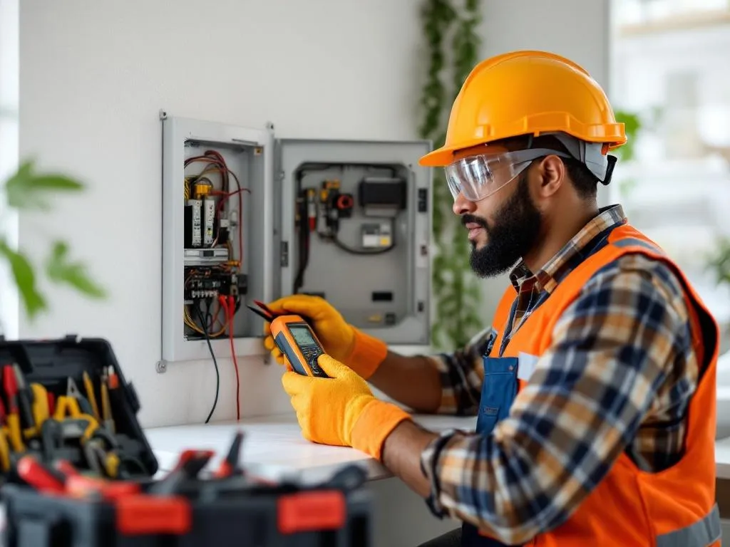 Photo Idea: A diverse individual (possibly of Hispanic/Latinx or Asian descent) wearing safety gear (helmet, gloves and protective goggles) is seen troubleshooting an open electrical panel at home using a multimeter. A toolbox with essential tools like a wire cutter, screwdriver, etc. is placed nearby. The setting is a well-lit, clean and organized workspace.Alt Text: "Diverse individual troubleshooting home electrical panel using a multimeter, with a toolbox containing essential electrical tools nearby."