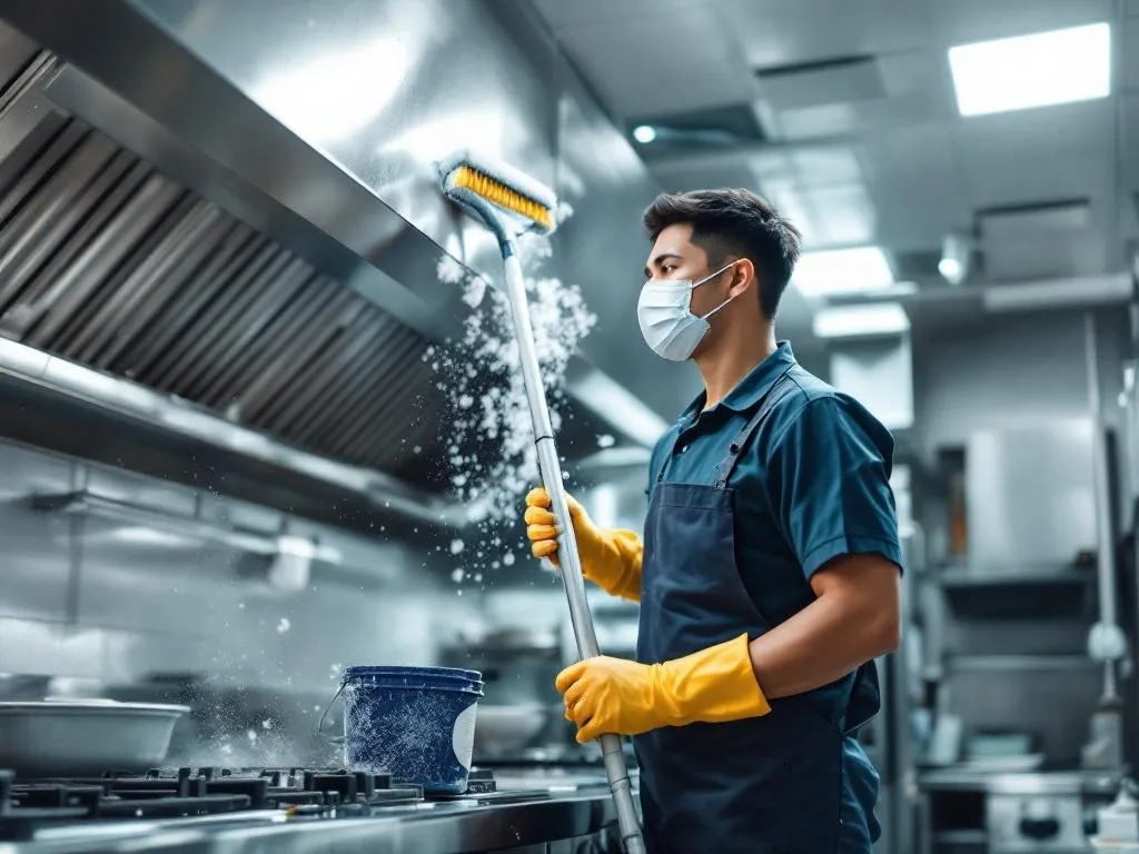 Photo idea: A diverse individual, possibly of Asian or Hispanic descent, is standing on a ladder, wearing a uniform with gloves and a protective mask. They are in the process of cleaning a commercial kitchen hood with a long-handled brush. They have a bucket of soapy water beside them on the ground. The kitchen is clean and well-lit, showcasing a typical setting for this type of job.Alt text: A diverse professional cleaner, standing on a ladder, is diligently cleaning a commercial kitchen hood, demonstrating an efficient approach to hood and ventilation cleaning.