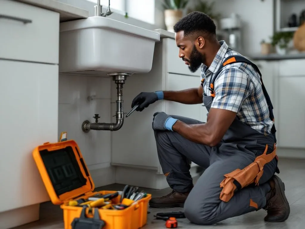 Photo idea: An African-American plumber in a uniform is kneeling down, fixing a leaky pipe under a sink in a modern Atlanta kitchen. The plumber's toolbox with essential tools is open next to him. Alt text: A professional African-American plumber repairing a leaky pipe in an Atlanta home, with an open toolbox nearby.
