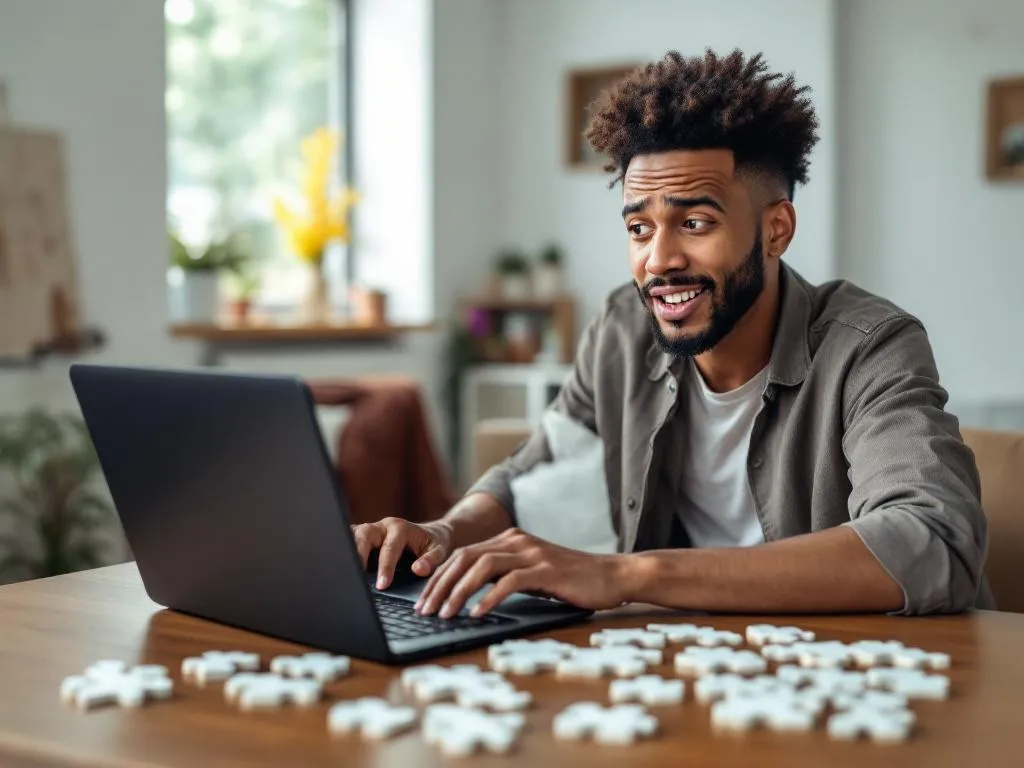 Photo Idea: A diverse individual in a relaxed office setting, using a laptop with a puzzled expression on their face. On the table, there are various puzzle pieces scattered around, representing the challenges of lead locating services. The individual is in the process of fitting a puzzle piece into place, symbolizing the process of solving a problem.Alt Text: A diverse individual in an office environment solving a puzzle while using a laptop, depicting the process of overcoming common issues with lead locating services.