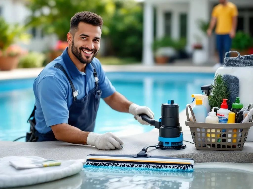 Photo Idea: A diverse pool maintenance specialist in Warner Robins, Georgia, wearing a uniform and handling a pool skimmer, with a pool pump and a basket of pool cleaning supplies nearby. The background should be a well-maintained residential swimming pool with clear water.Alt Text: A dedicated pool maintenance professional of Latin American descent, actively engaged in cleaning a sparkling swimming pool in Warner Robins.