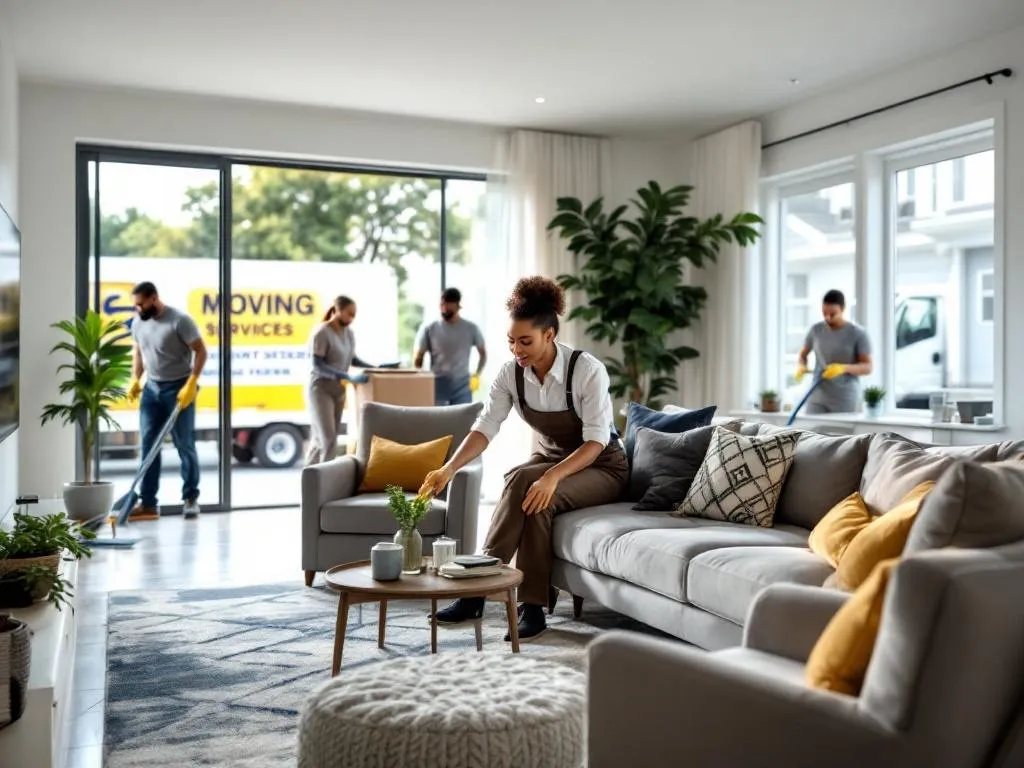 Photo Idea: A photograph capturing a professional home stager in a spacious, modern Atlanta home. The stager, a person of color, is arranging a tasteful combination of furniture and decorative items to create an inviting living room scene. In the background, a cleaning crew of diverse individuals can be seen dusting and vacuuming. A moving truck is visible through the window, suggesting the moving services aspect of the article.Alt Text: A diverse home staging professional arranging furniture in a modern Atlanta home, with a diverse cleaning team in the background and a moving truck outside.
