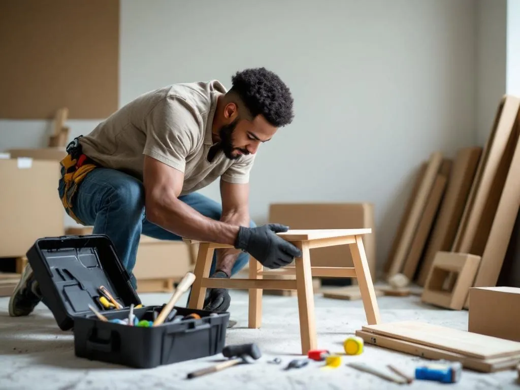 Photo idea: A diverse handyman in the middle of repairing a wooden chair. He is bent over the chair, focused on his work. A toolbox is open beside him, with only a few common tools like a hammer, screwdriver, and measuring tape visible. There are a few pieces of dismantled furniture in the background, suggesting a moving process.Alt text: Diverse handyman repairing a wooden chair amidst a moving process with essential tools at his disposal.