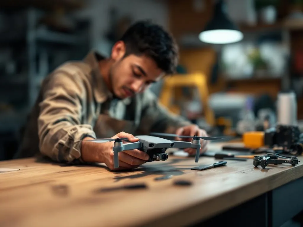 Photo Idea: A close-up shot of a diverse individual, perhaps of Asian or Hispanic ethnicity, sitting at a well-lit, clean workbench. They are carefully working on a small residential drone, with a few essential repair tools neatly laid out on the table. Alt Text: A diverse individual meticulously repairing a small residential drone at a clean workbench, with essential repair tools neatly organized nearby.