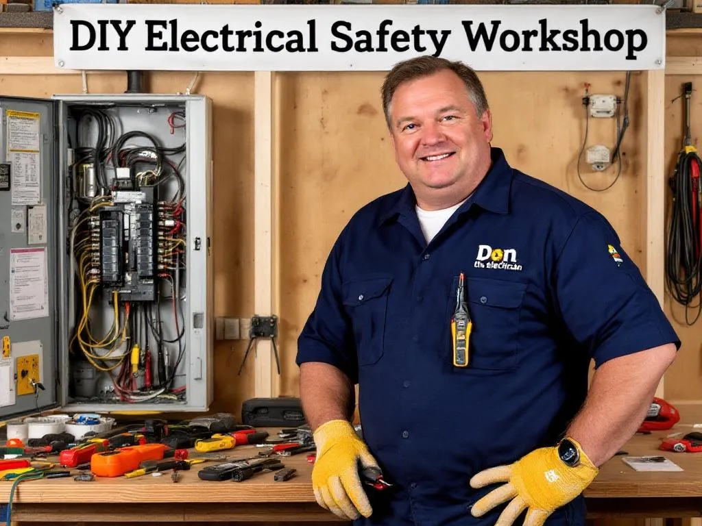 The photo captures Don, a robust middle-aged man wearing a navy blue uniform with 'Don the electrician' embroidered on it. He stands in front of a wooden workbench cluttered with various electrical tools. His safety gloves hold a wire stripper, and a circuit tester is clipped to his shirt pocket. In the background, an open breaker box reveals a complex web of electrical wires. A banner above the workbench reads, 'DIY Electrical Safety Workshop'. The lighting is bright, emphasizing Don's focused expression and the array of tools on the bench.