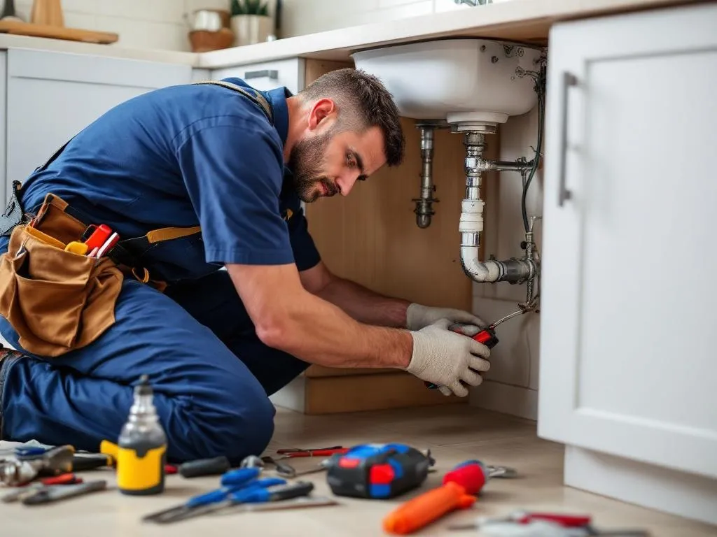 The image shows a seasoned plumber in Atlanta, hard at work on a residential plumbing job. He's wearing a blue uniform with a tool belt, carefully fixing a leak under a sink. His professional tools are spread out on the floor around him, showcasing his expertise and readiness for any plumbing issue.
