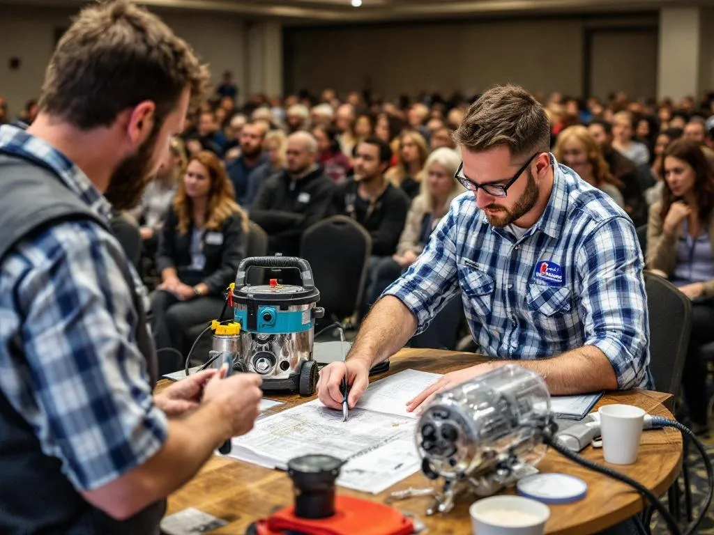 The photo showcases a fire recovery services seminar. In the foreground, experts are demonstrating techniques for mold, water, and fire restoration. They are handling equipment used for water extraction and dehumidification. The background reveals a large audience, attentively listening and taking notes. The room is filled with anticipation and the intention of learning.