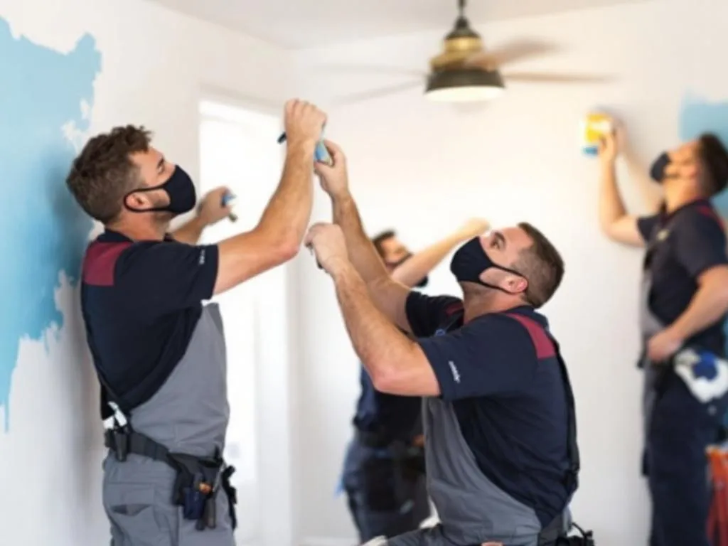 The photo shows a team of skilled handymen from Handyman Greeley. They are working on various tasks: one is painting a room, another is repairing a leaky faucet, while a third is installing a new light fixture. They are all wearing the company's uniform, which is neat and professional. The photo perfectly captures the company's commitment to providing a wide range of quality home repair and improvement services.