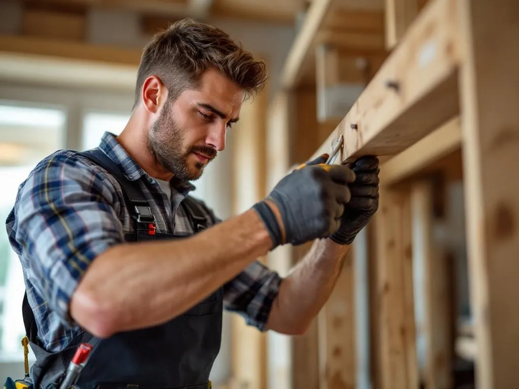 The photo showcases the Handyman Greeley team at work. They are seen repairing a wooden deck in a residential property. The team members are in their branded uniforms, displaying their professionalism and dedication to their work. Tools are neatly organized around them, indicating their preparedness and efficiency. The property appears well-maintained, highlighting the quality of their service.